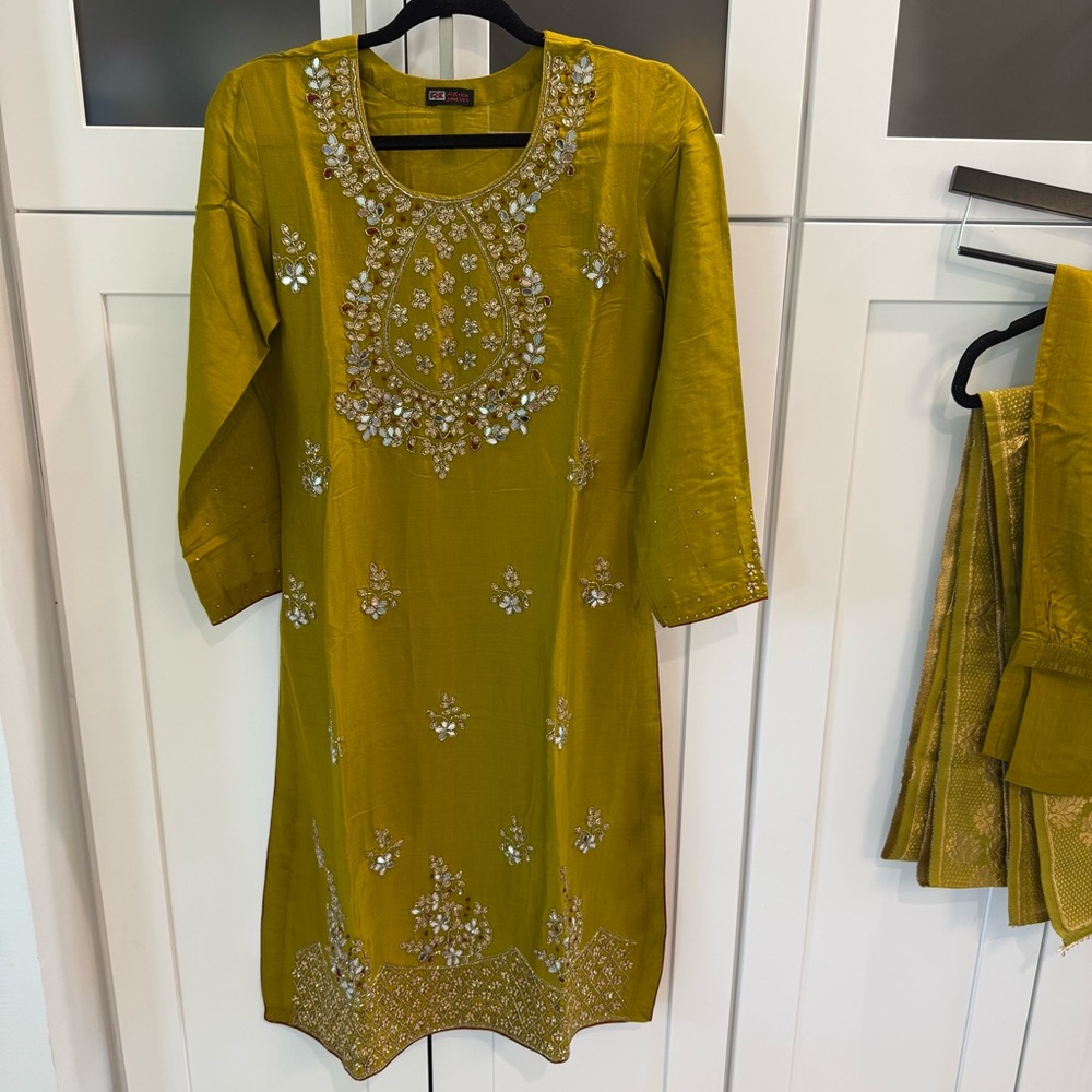 Embellished Mirror Detail Olive Green Desi 3 Piece Kamiz Dress
